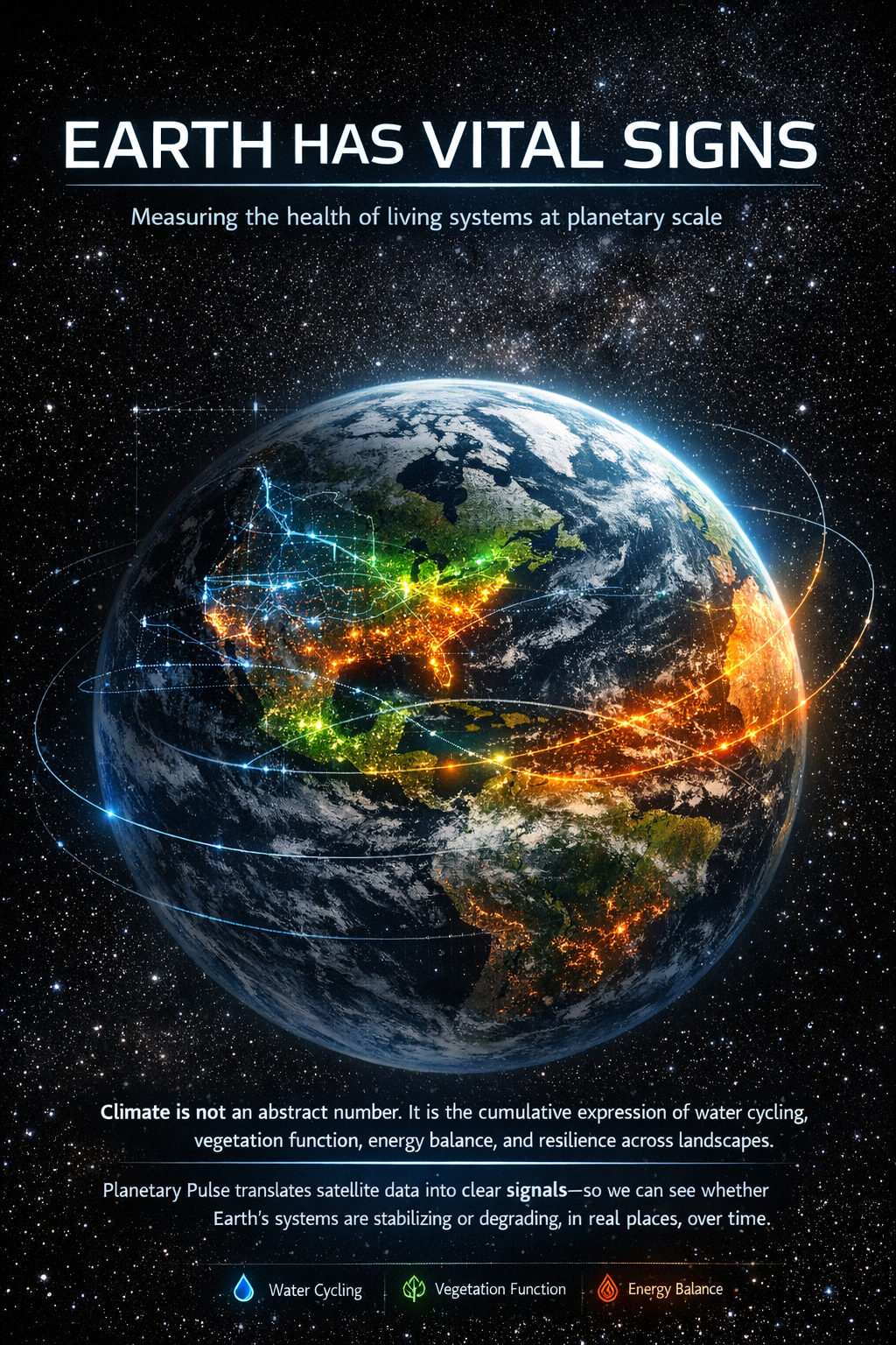 Poster showing Earth has vital signs with signal bands around the globe.