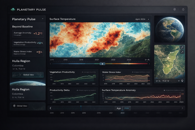 Mockup of a full Explore viewer with Earth Metrics dashboards.