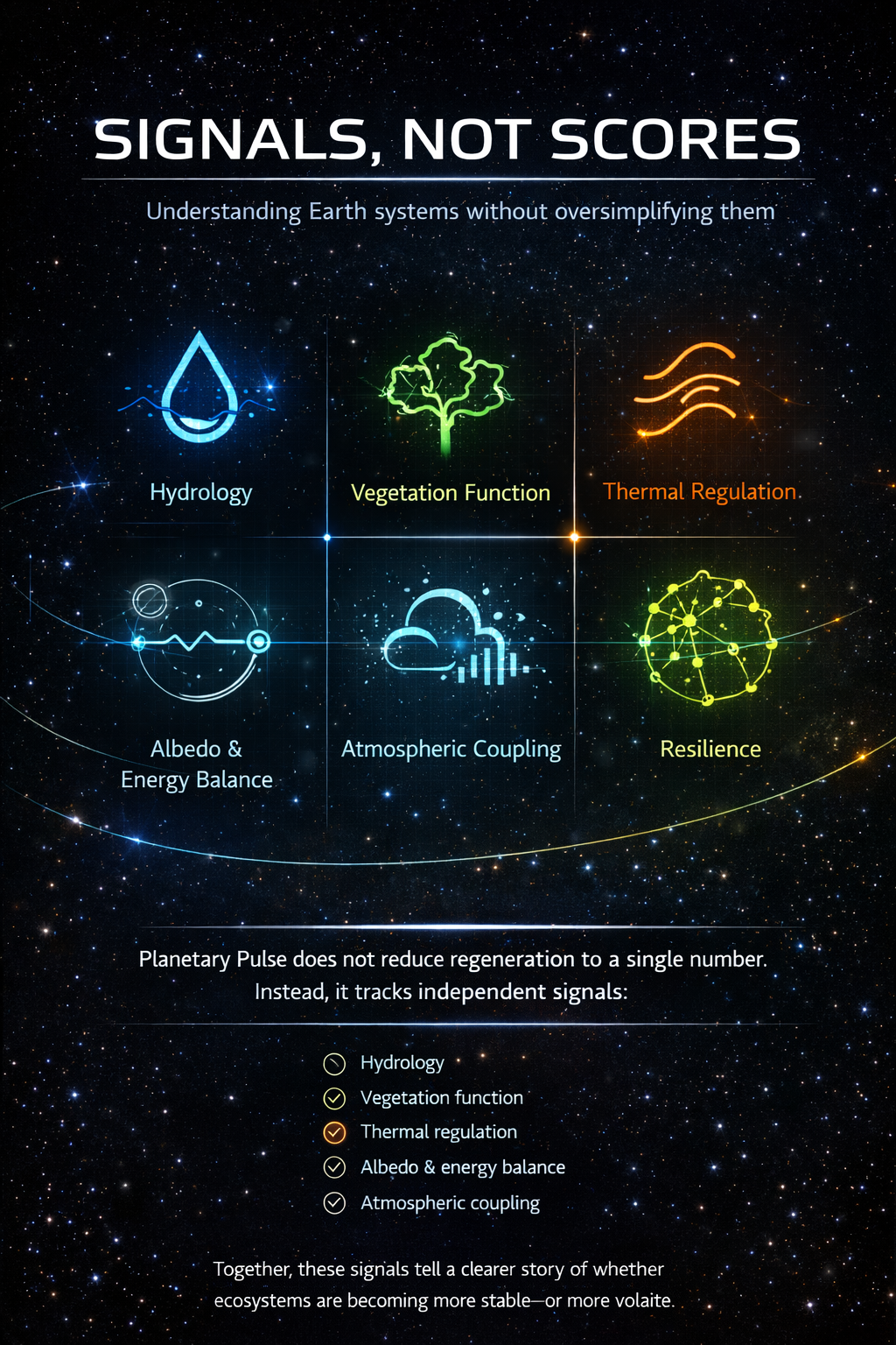 Poster contrasting signals with scores for Earth Metrics.
